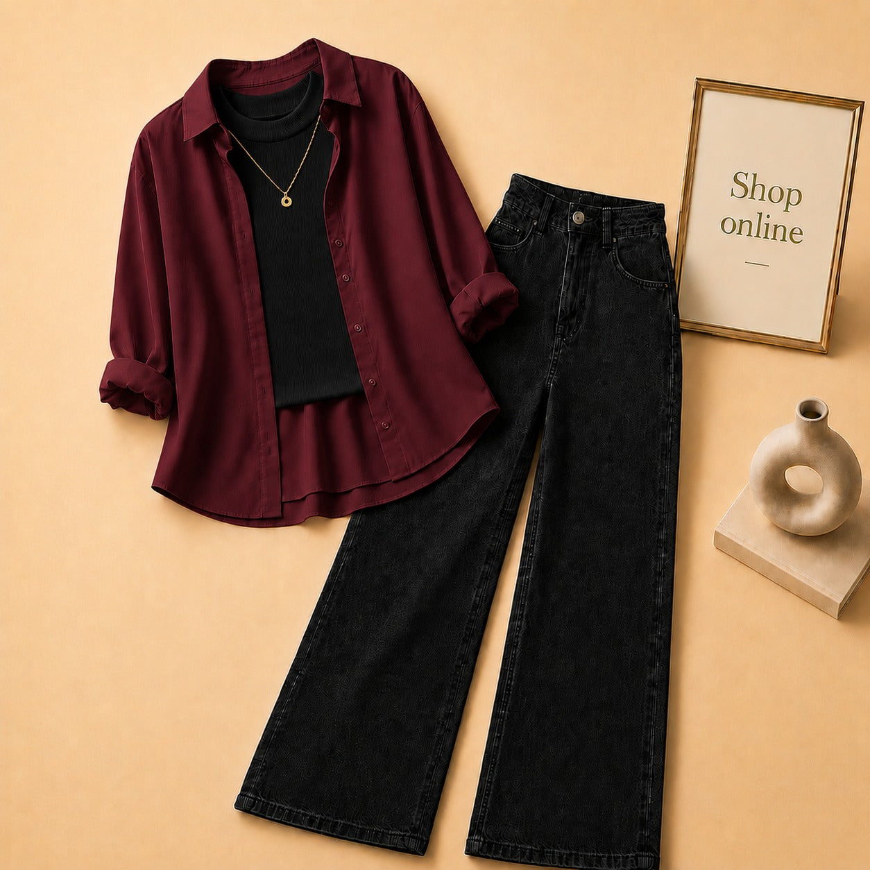 Maroon Button Down Shirt with Black Tank top and Black Wide Leg Jeans
