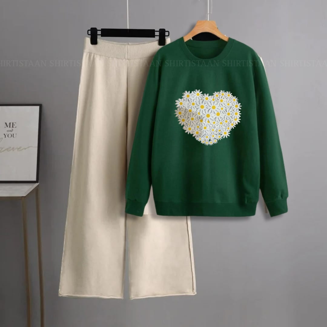 BOTTLE GREEN SWEATSHIRT DAISY HEART WITH BEIGE FLAPPER