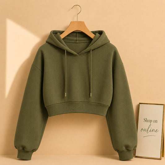 Basic Olive Green Crop Hoodie