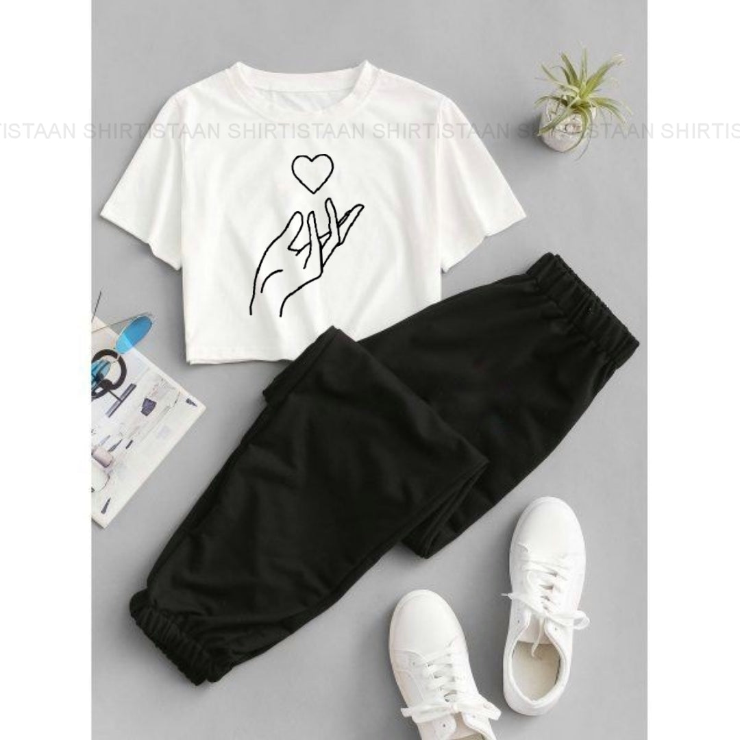 WHITE TSHIRT HEART IN HAND WITH BLACK TROUSER