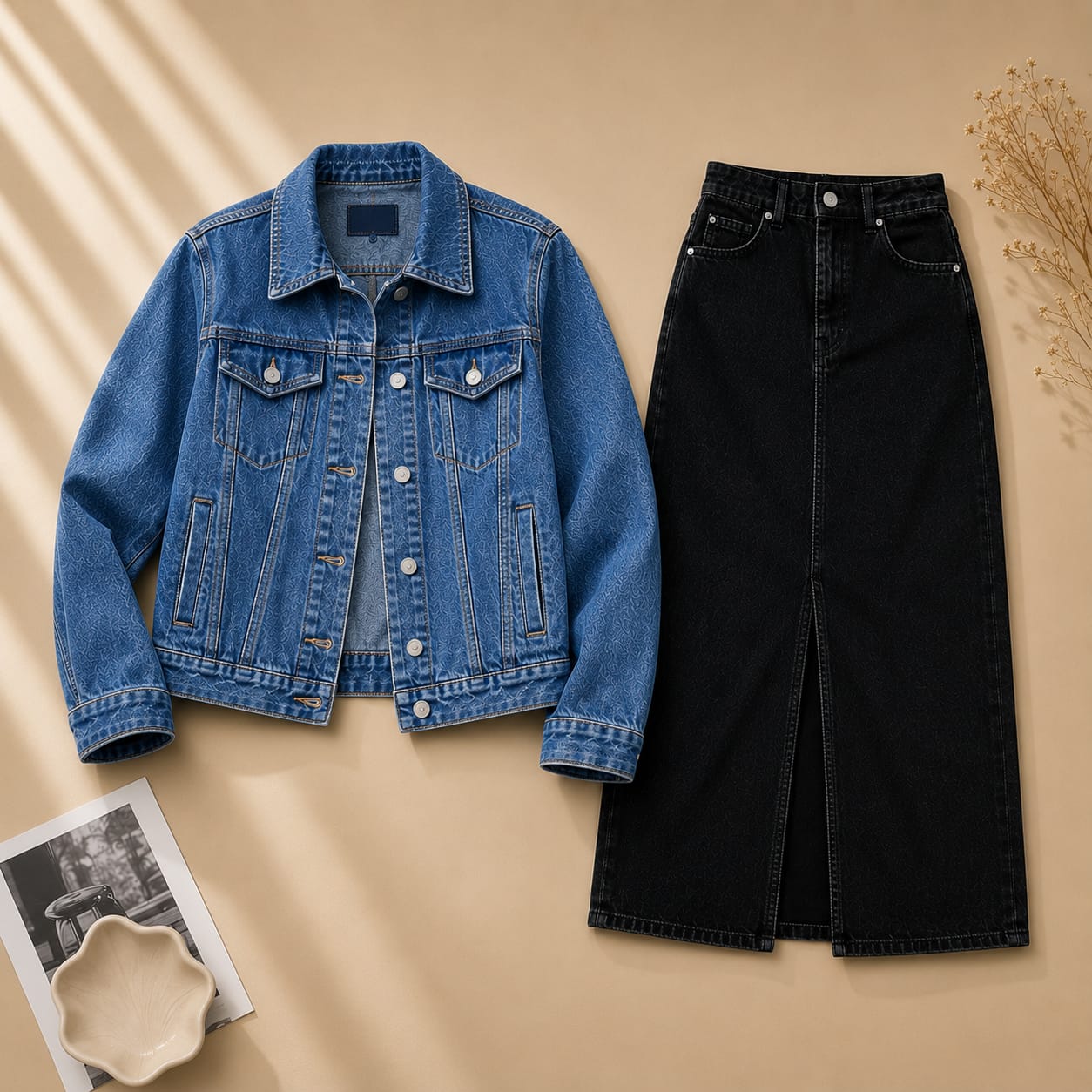 Mid Blue Denim Jacket With Black Denim Skirt