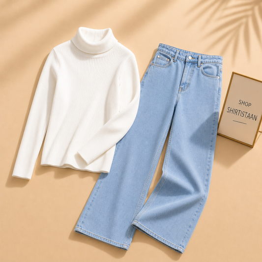 White Ribknit High Neck with Ice Blue Wide Leg Jeans