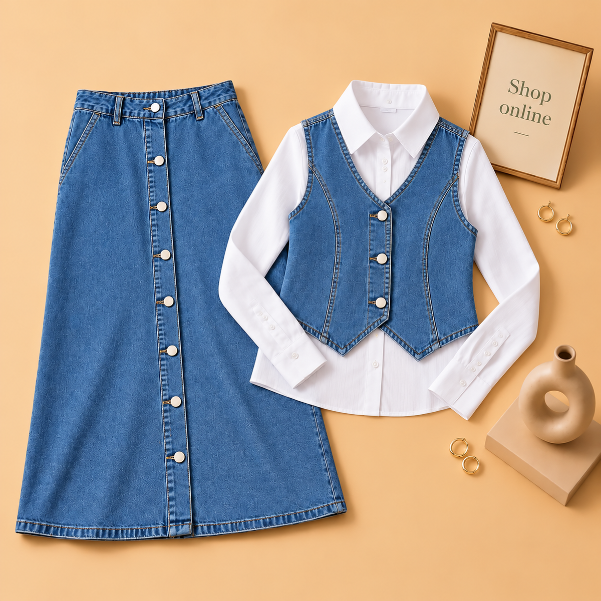 Mid Blue Vest Coat Set 3pcs