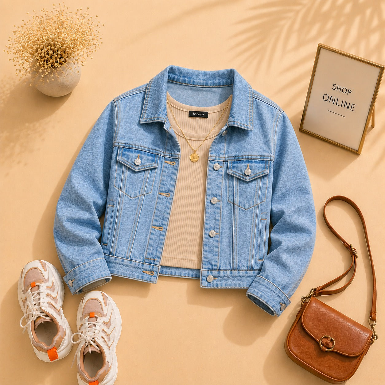 Sky Blue Denim Jacket with Beige Tanktop