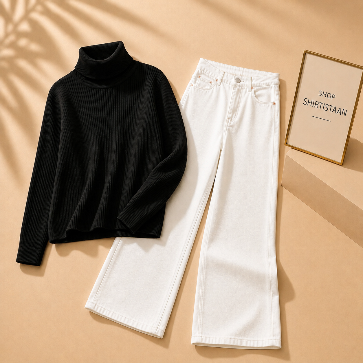 Black Ribknit High Neck with White Wide Leg Jeans