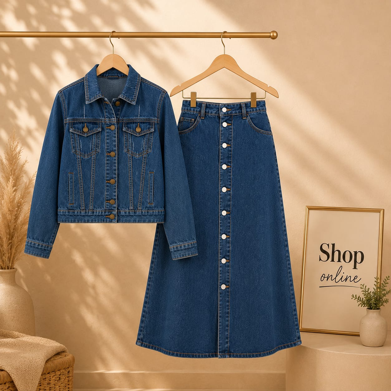 Mid Blue Denim Jacket With Mid Blue Denim Skirt