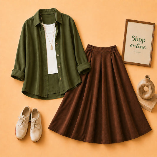 Olive Green Button Down Shirt with White Tanktop & Brown Twill Skirt