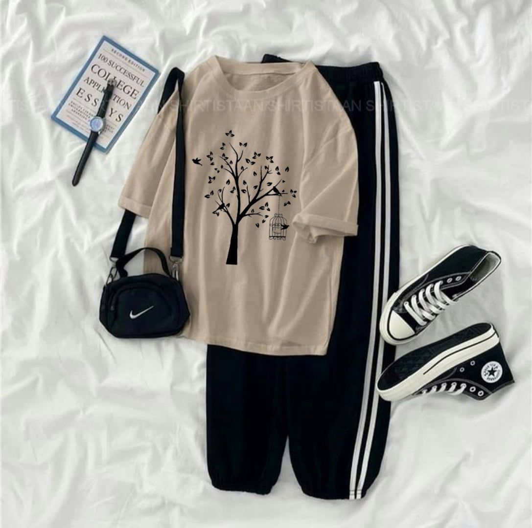 CREAM TEE NEW TREE WITH STRIPE TROUSER