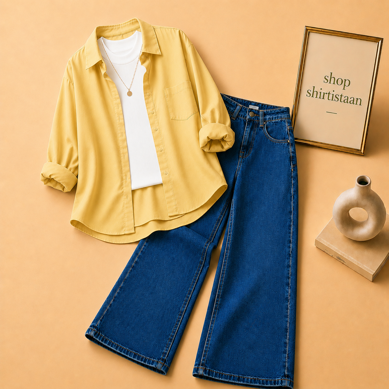 Light Yellow Button Down Shirt with White Tank top and Mid Dark Blue Wide Leg Jeans