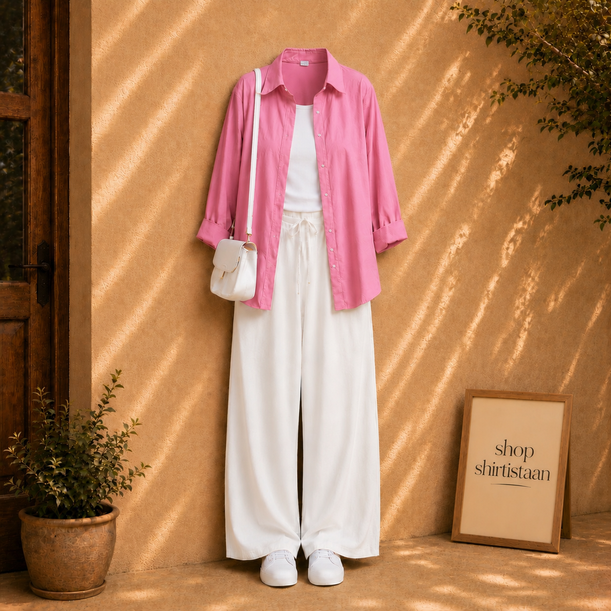 Pink Button Down Shirt With White Tank top and White Flapper