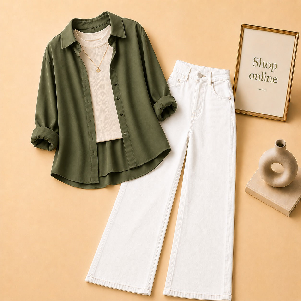 Olive Green Button Down Shirt with Beige Tank top and White Wide Leg Jeans