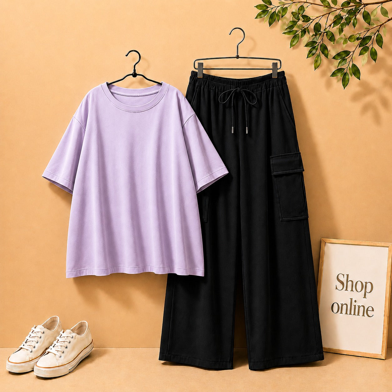Lilac Drop Shoulder Tee with Black Cargo Trouser