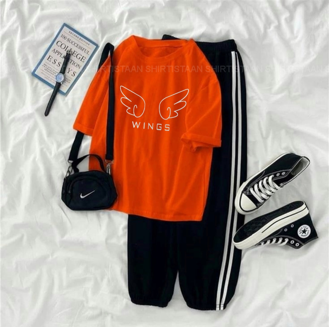 ORANGE TEE WINGS WITH 3 STRIPES TROUSER