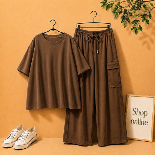 Brown Drop Shoulder Tee with Brown Cargo Trouser