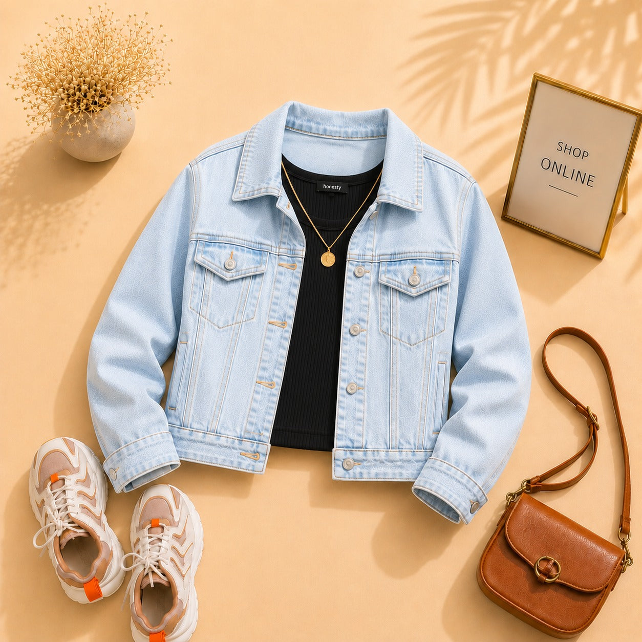 Ice Blue Denim Jacket with Black Tanktop