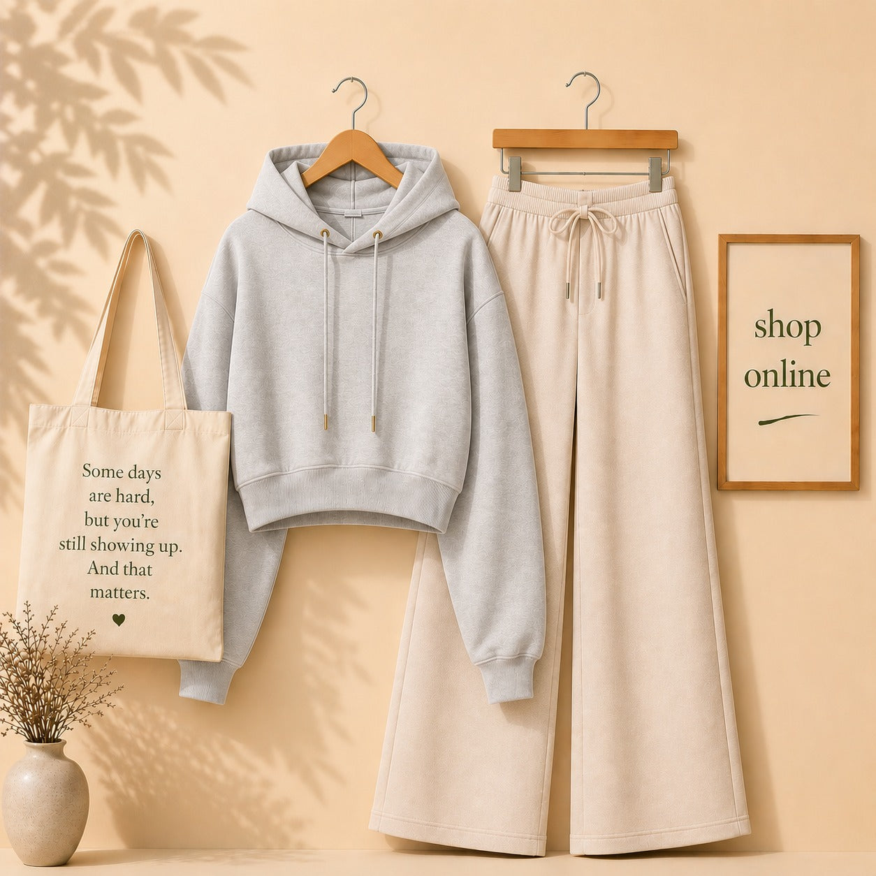 Basic Grey  Crop Hoodie with Beige Flapper
