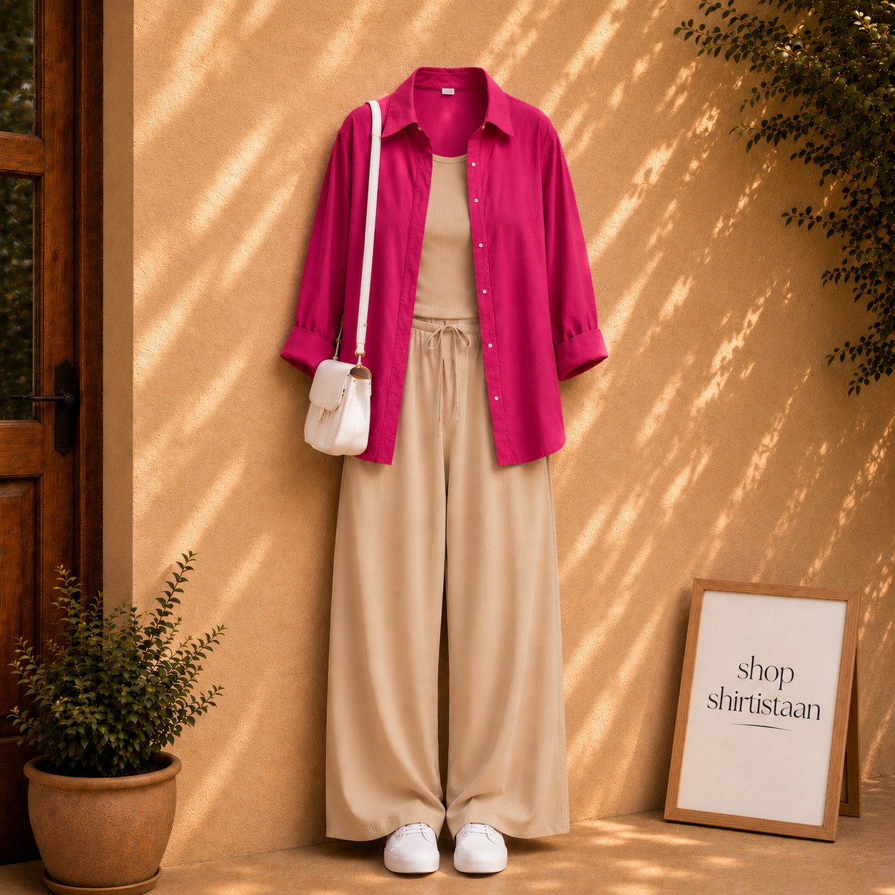 Hot Pink Button Down Shirt With Beige Tank top and Beige Flapper