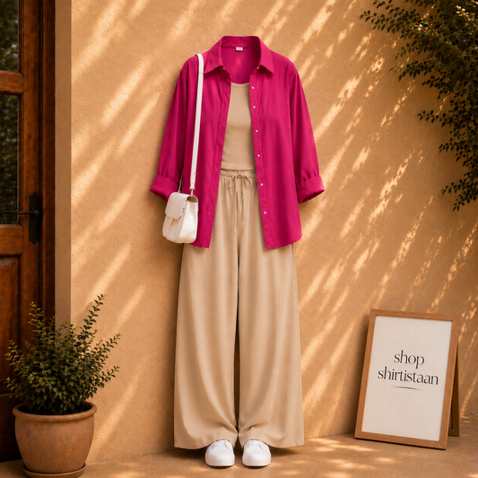 Hot Pink Button Down Shirt With Beige Tank top and Beige Flapper