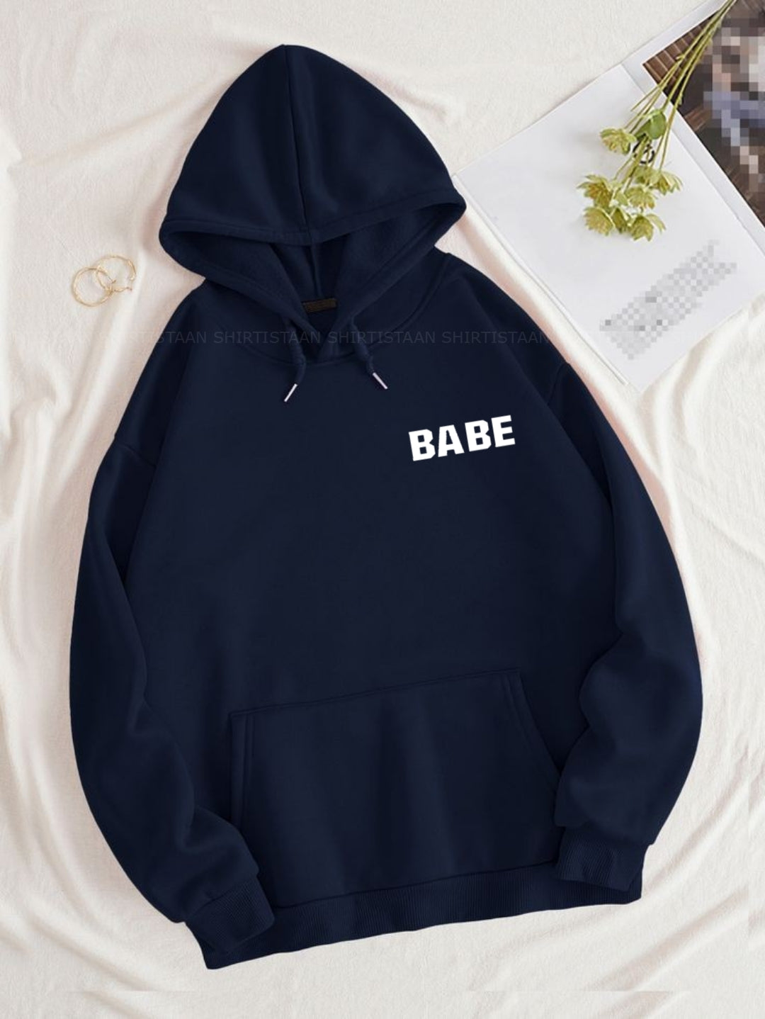 NAVY BLUE HOOD BABE ON POCKET