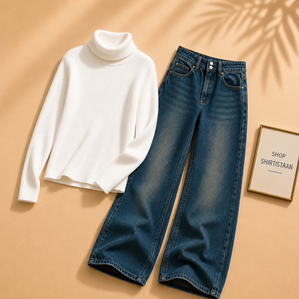 White Ribknit High Neck with Darkish Blue  Wide Leg Jeans