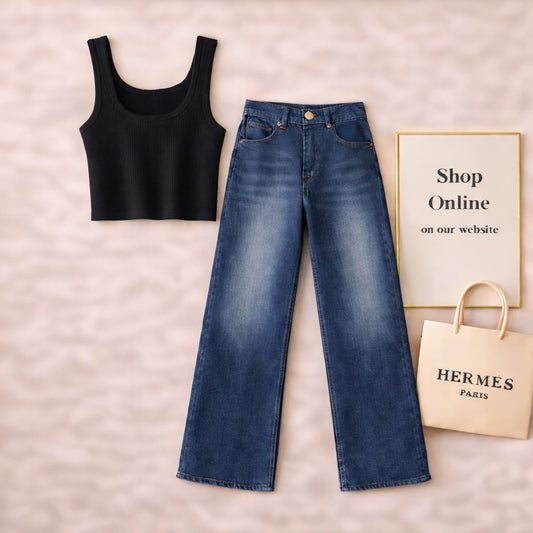 Black Tanktop with Mid blue wide Leg Jeans