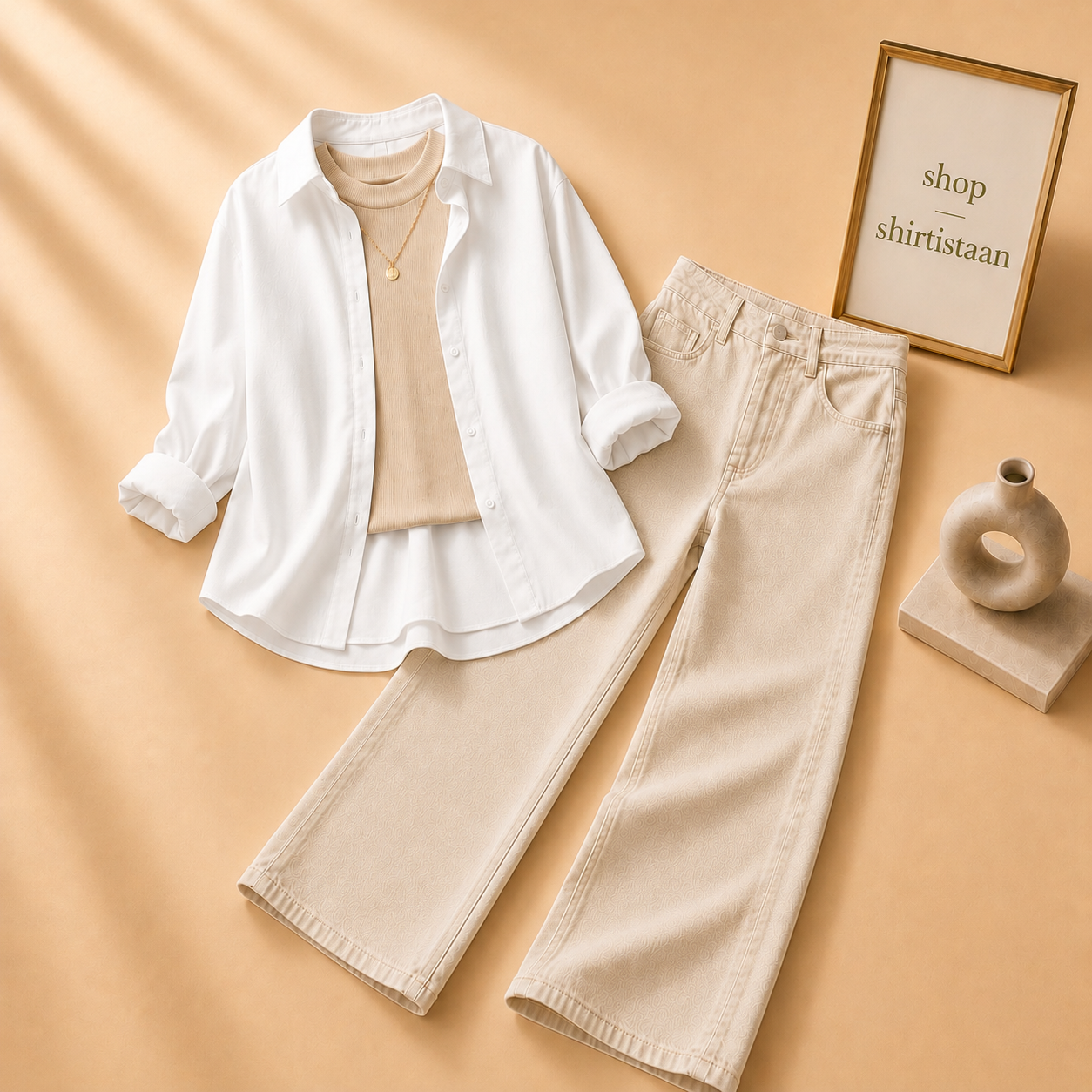 White Button Down Shirt with Beige Tank top and Beige Wide Leg Jeans