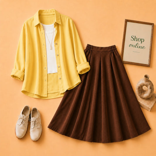 Yellow Button Down Shirt with White Tanktop & Brown Twill Skirt