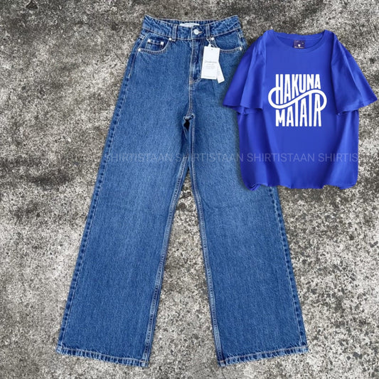 MID BLUE WIDE LEG JEANS ROYAL BLUE TEE HAKUNA MATATA