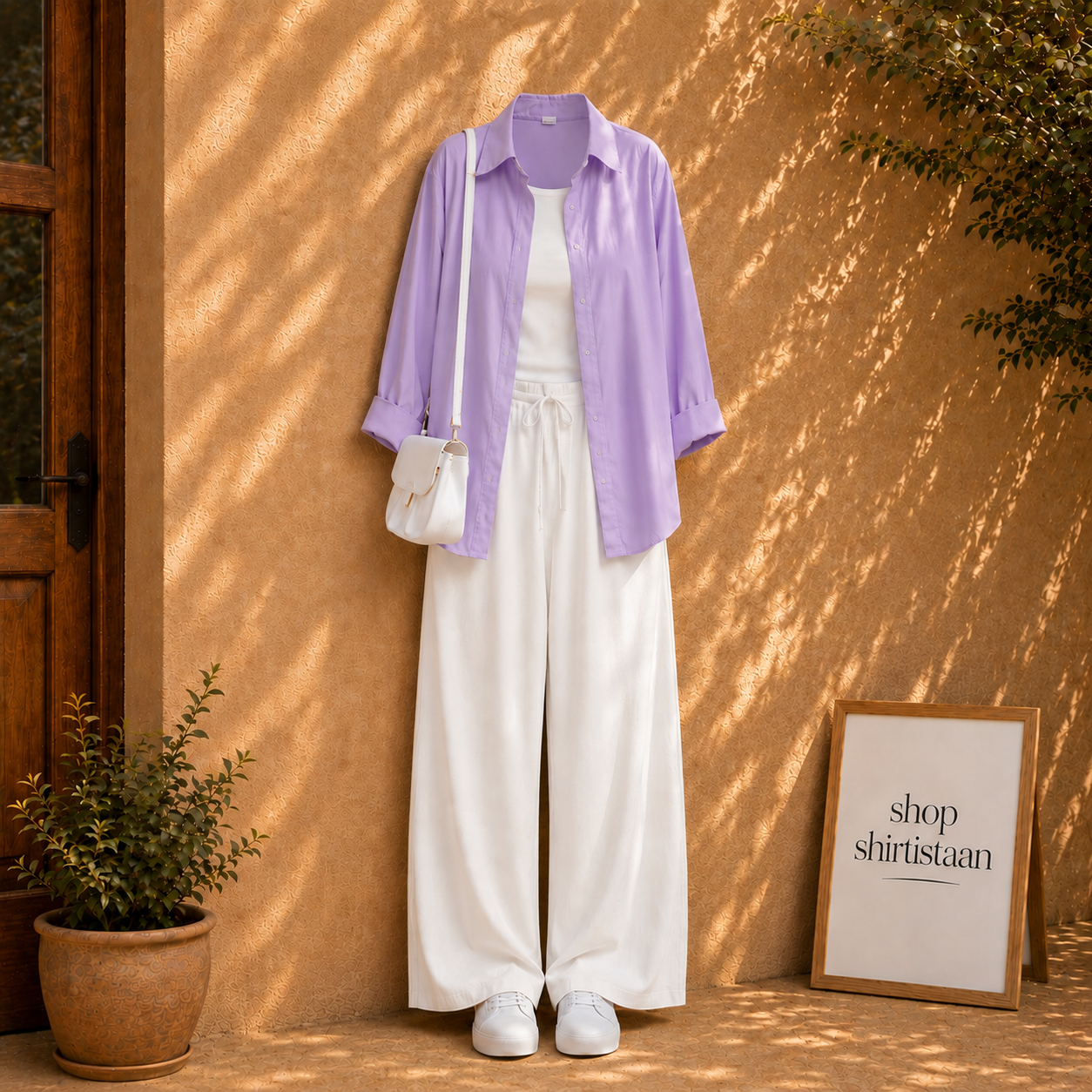 Lilac Button Down Shirt With White Tank top & White Flapper
