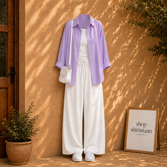 Lilac Button Down Shirt With White Tank top & White Flapper
