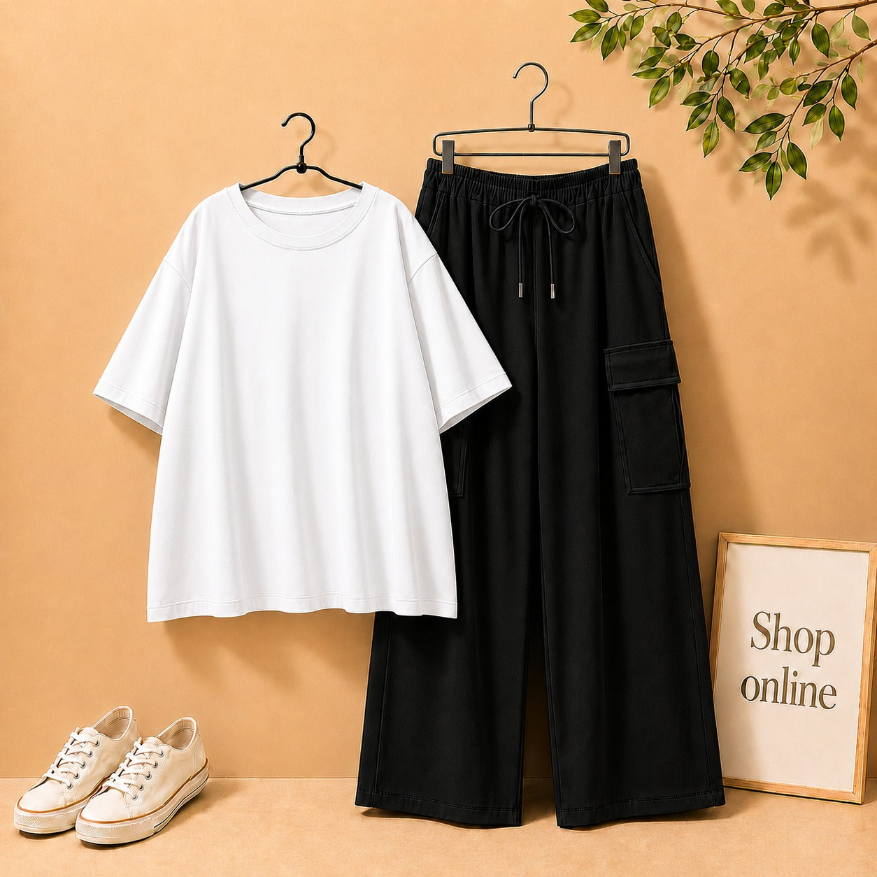 White Drop Shoulder Tee with Black Cargo Trouser