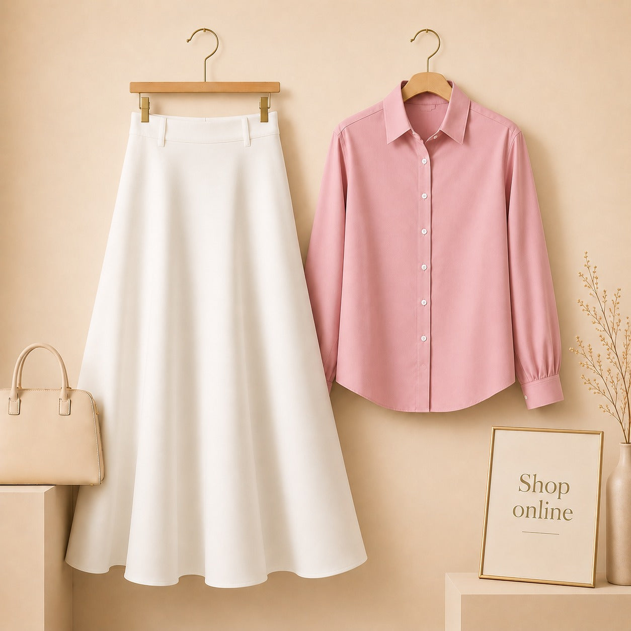 Baby pink Button Down Shirt with White Cotton Twill Skirt