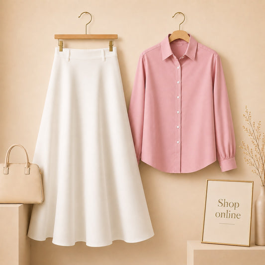 Baby pink Button Down Shirt with White Cotton Twill Skirt