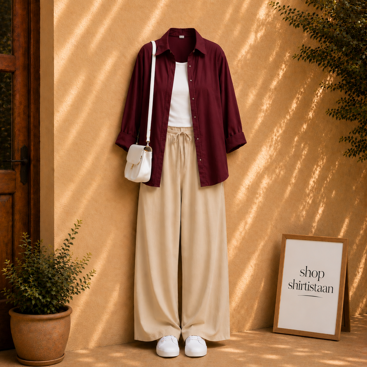 Maroon Button Down Shirt With White Tank top and Beige Flapper