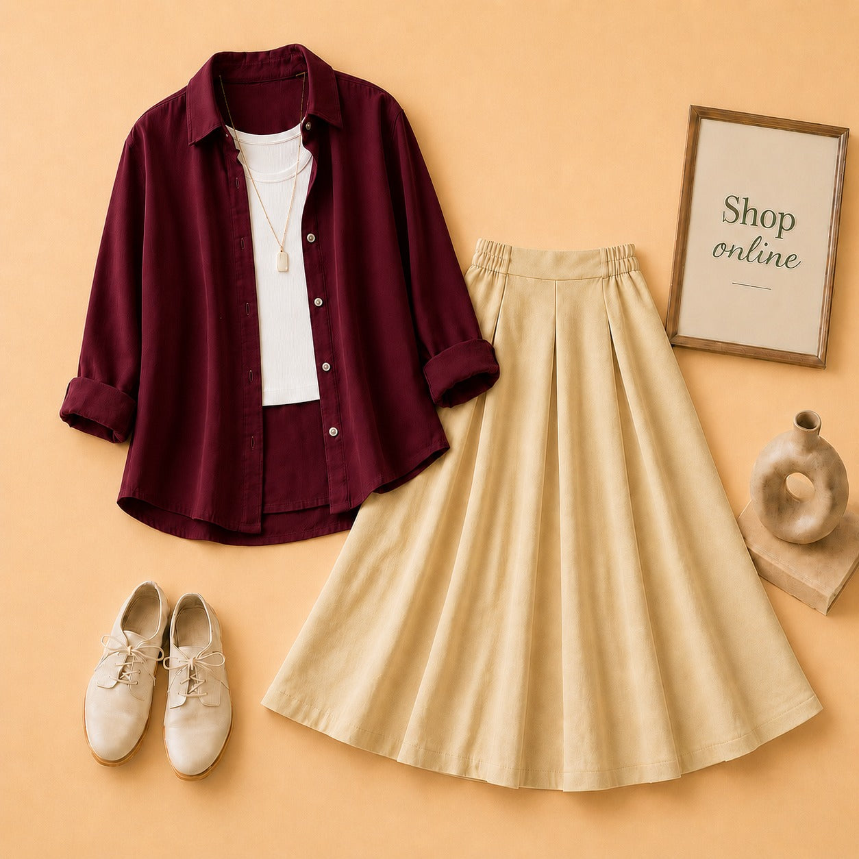 Maroon Button Down Shirt with White Tanktop & Beige Twill Skirt