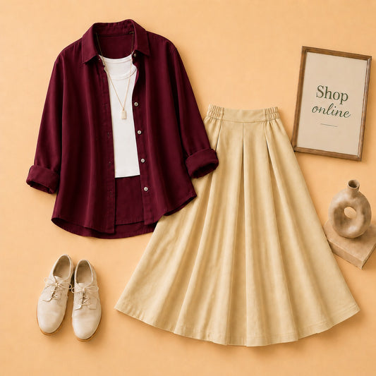 Maroon Button Down Shirt with White Tanktop & Beige Twill Skirt
