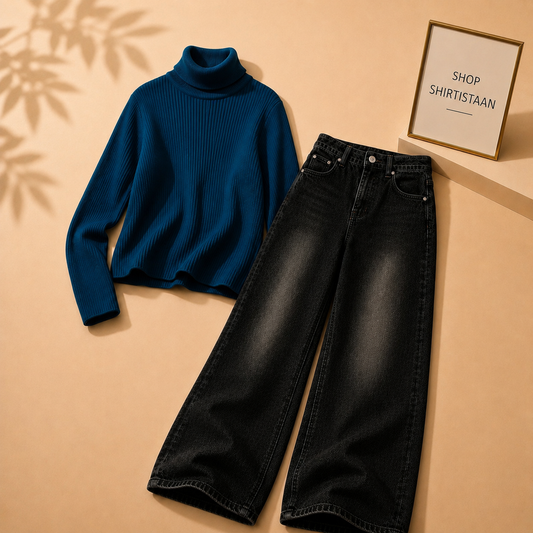 Petroleum Blue Ribknit High Neck with Malaysia Black Wide Leg Jeans