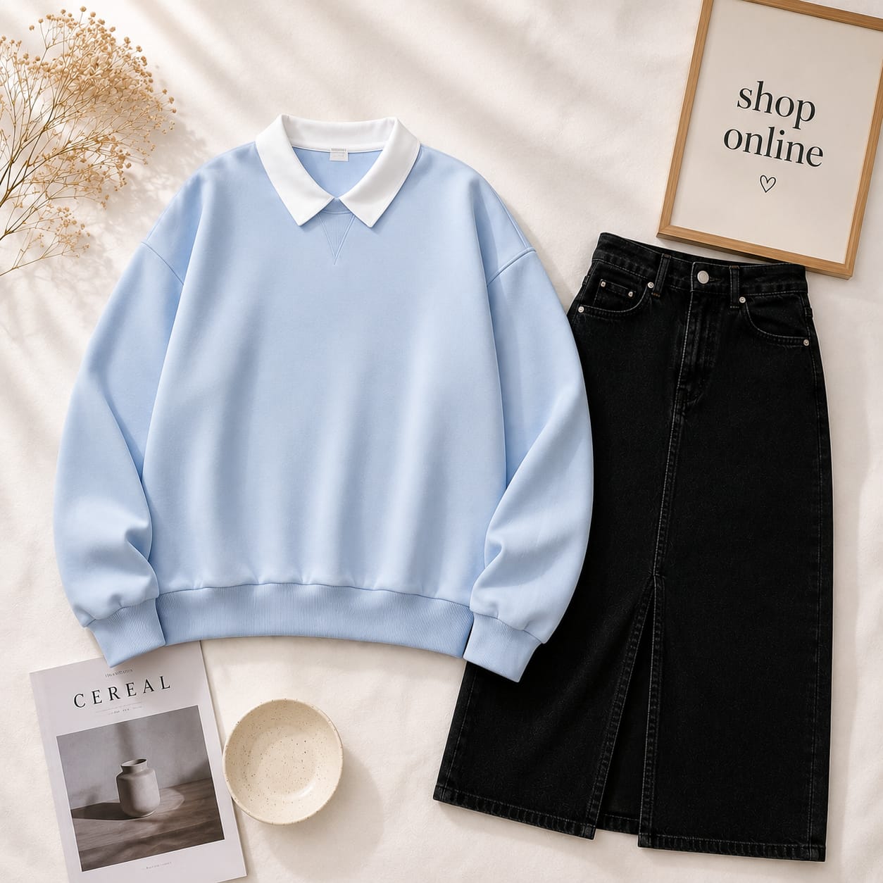 Sky Blue Collar Sweatshirt with Black Denim Skirt