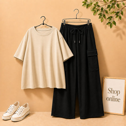 Cream Drop Shoulder Tee with Black Cargo Trouser