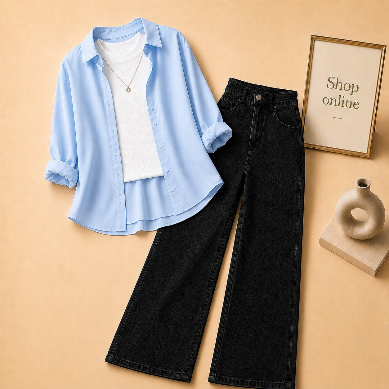 Sky Blue Button Down Shirt with White Tank top and Black Wide Leg Jeans