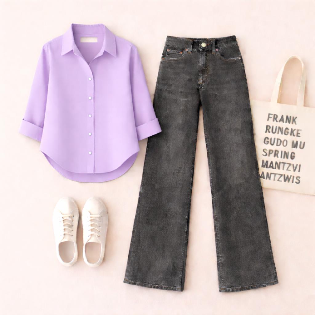 Lilac Button Down Shirt with Malaysia Black Wide Leg Jeans