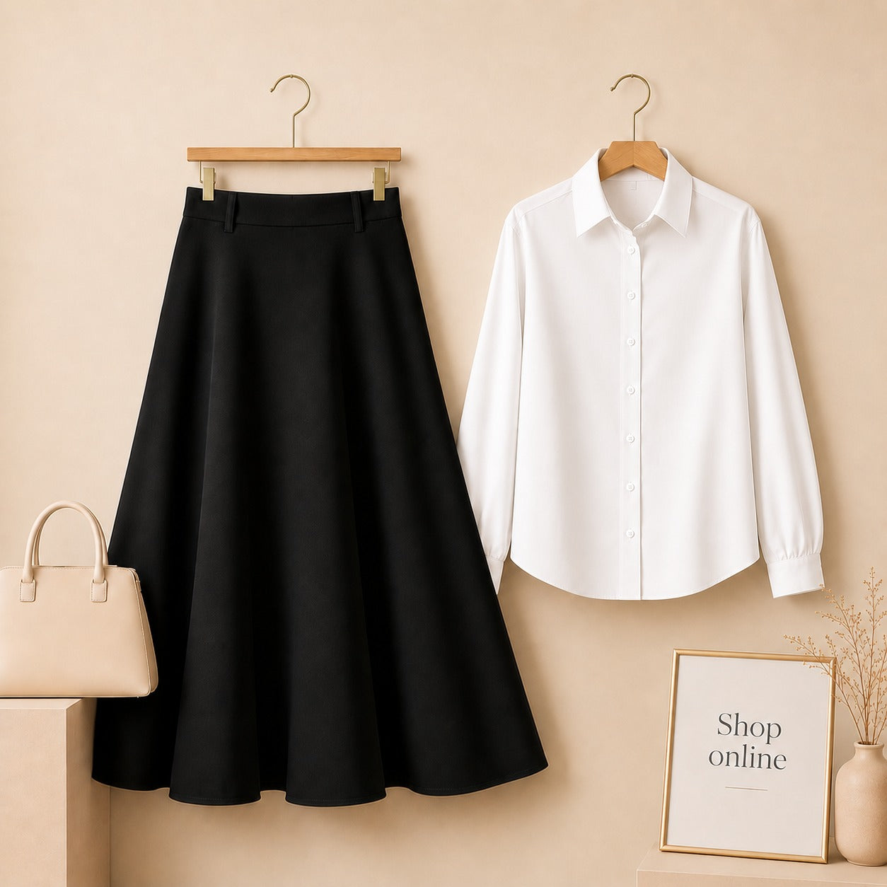 White Button Down Shirt with Black  Cotton Twill Skirt