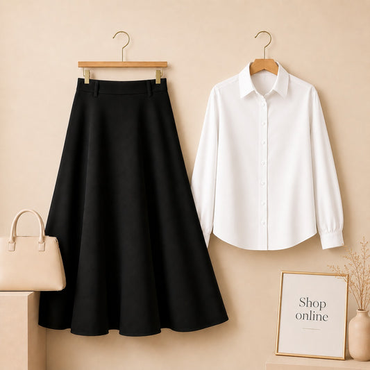 White Button Down Shirt with Black  Cotton Twill Skirt