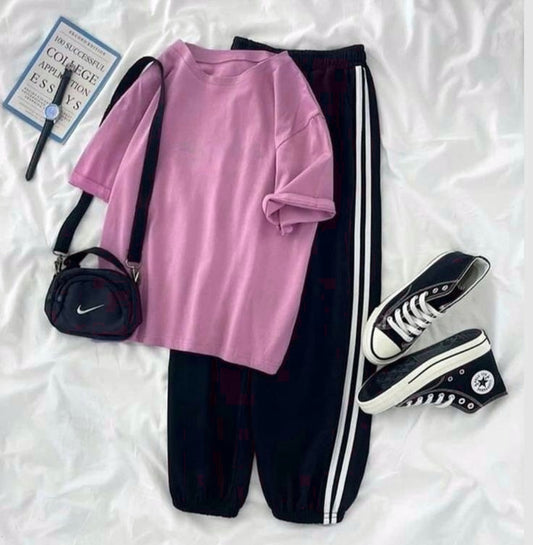 PLAIN PINK TSHIRT WITH STRIPE TROUSER