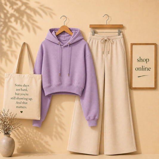 Basic Lilac Crop Hoodie with Beige Flapper