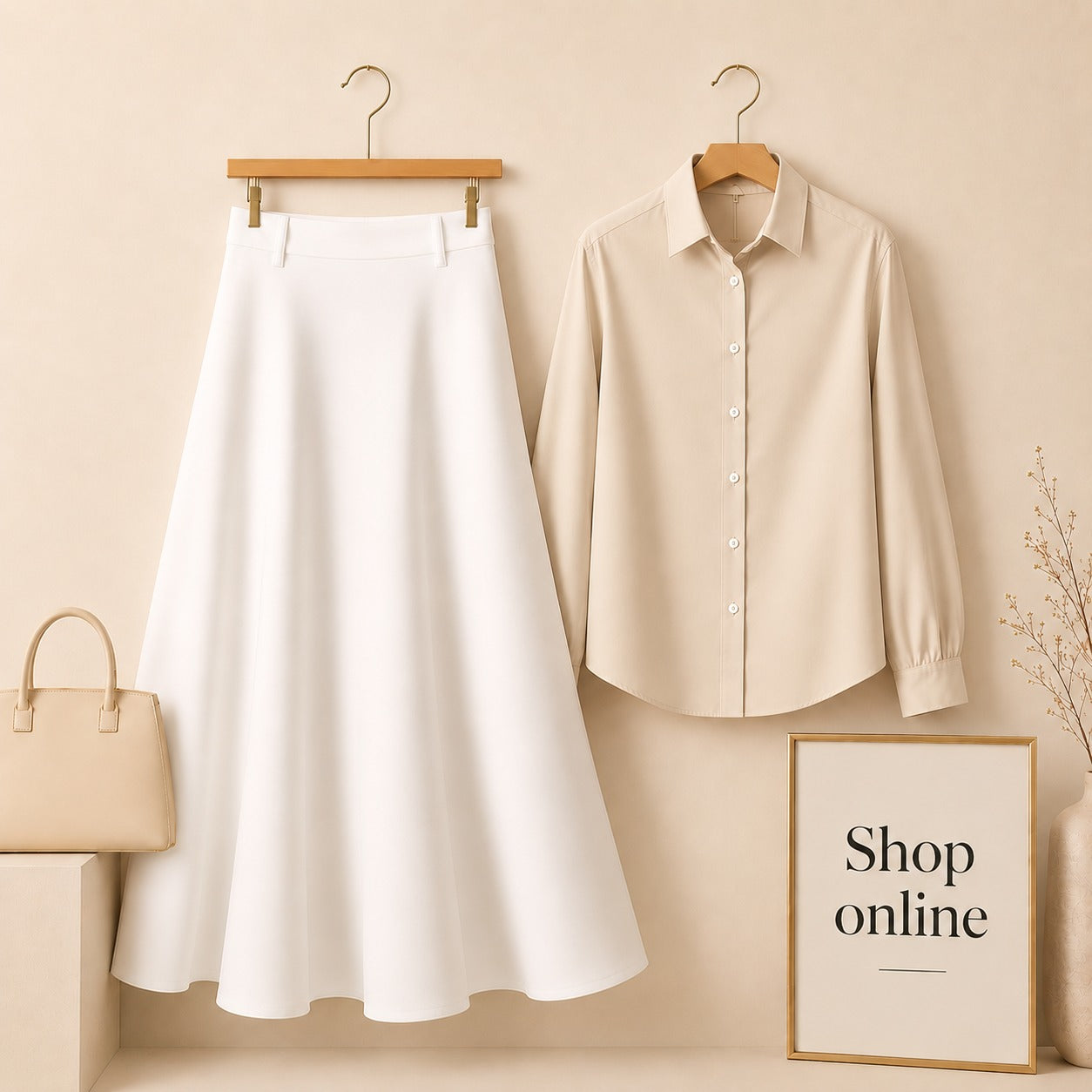 Cream Button Down Shirt with White Cotton Twill Skirt