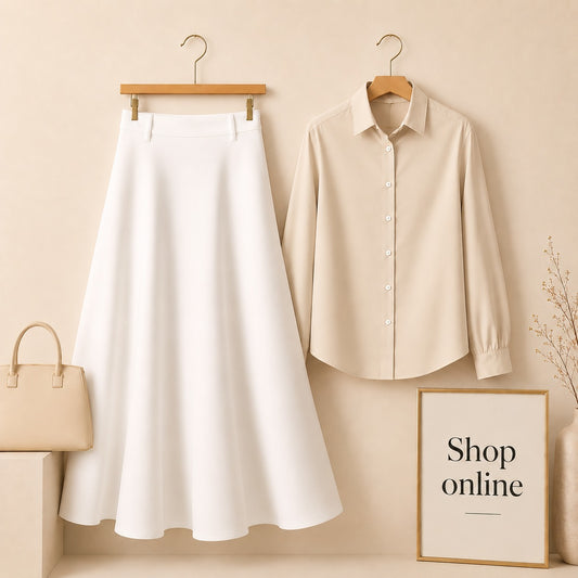 Cream Button Down Shirt with White Cotton Twill Skirt
