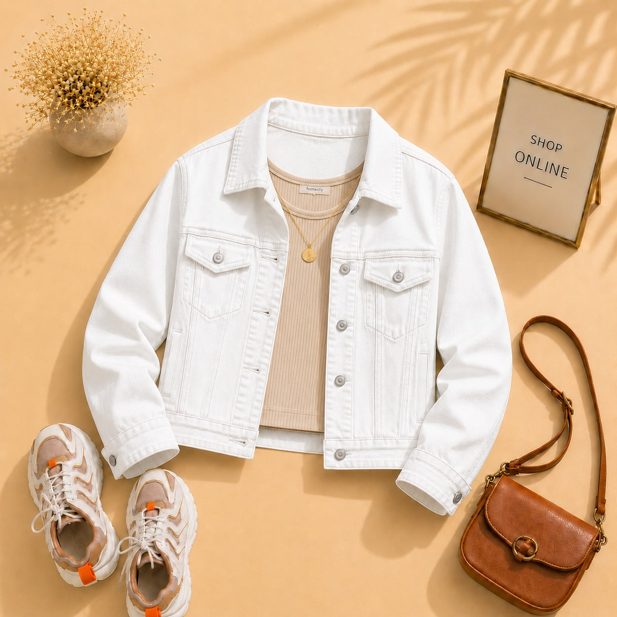 White Denim Jacket with Beige Tanktop