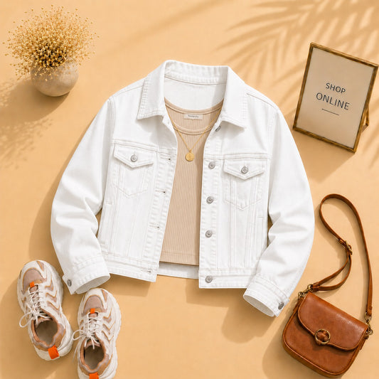 White Denim Jacket with Beige Tanktop