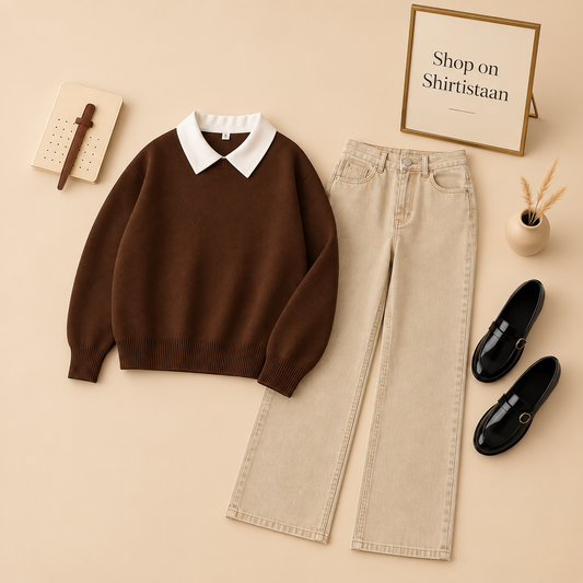 BROWN COLLAR SWEATSHIRT WITH BEIGE WIDE LEG JEANS